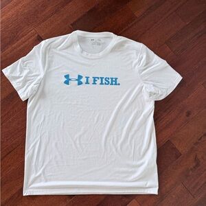 Under Armour White Short Sleeve Tee with Blue Logo - "I FISH"